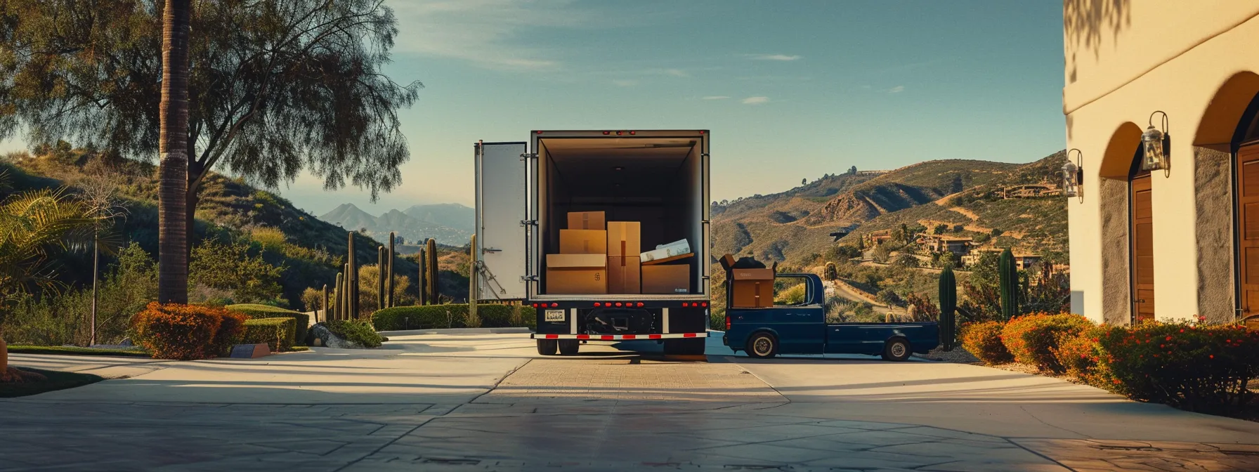 a reliable moving team carefully stacking furniture into a moving truck in front of a picturesque view of the san gabriel valley, ensuring a stress-free relocation experience. a reliable moving team carefully stacking furniture into a moving truck in front of a picturesque view of the san gabriel valley, ensuring a stress-free relocation experience.