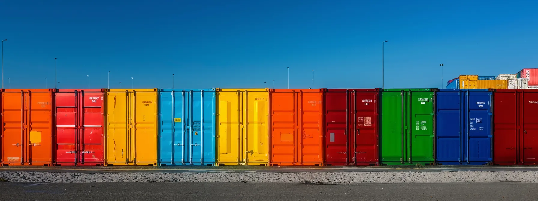 a row of brightly colored portable storage containers lined up neatly under the sun in irvine, ca. a row of brightly colored portable storage containers lined up neatly under the sun in irvine, ca.