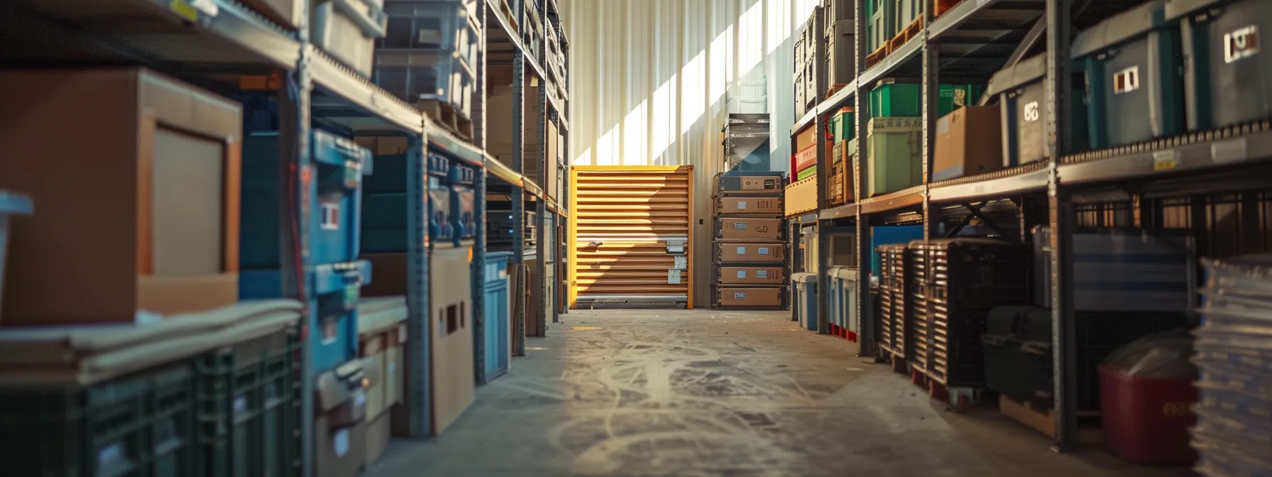 a secure, climate-controlled storage unit in los angeles filled with neatly packed electronics and antiques, safeguarded against the city's seasonal weather variations.