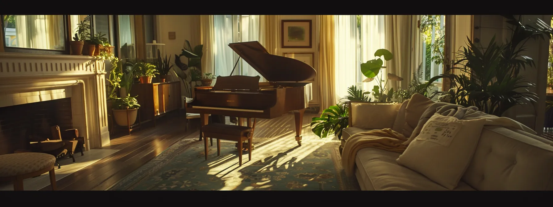 a serene living room filled with a grand piano and delicate furniture, surrounded by a team of careful residential movers in los angeles.