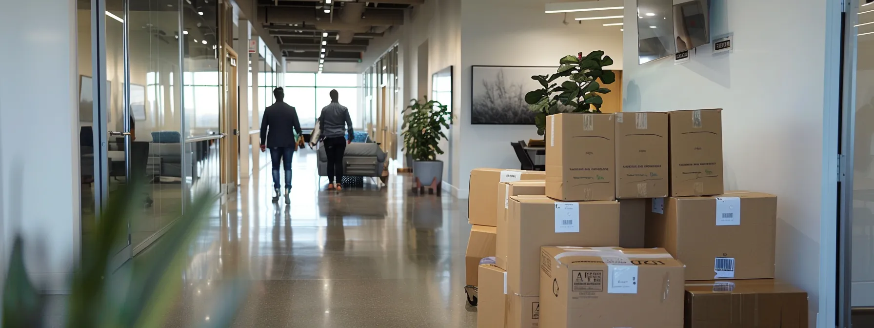 a sleek, modern office space with professional movers carefully transporting boxes and furniture, showcasing efficiency and organization in office relocation.