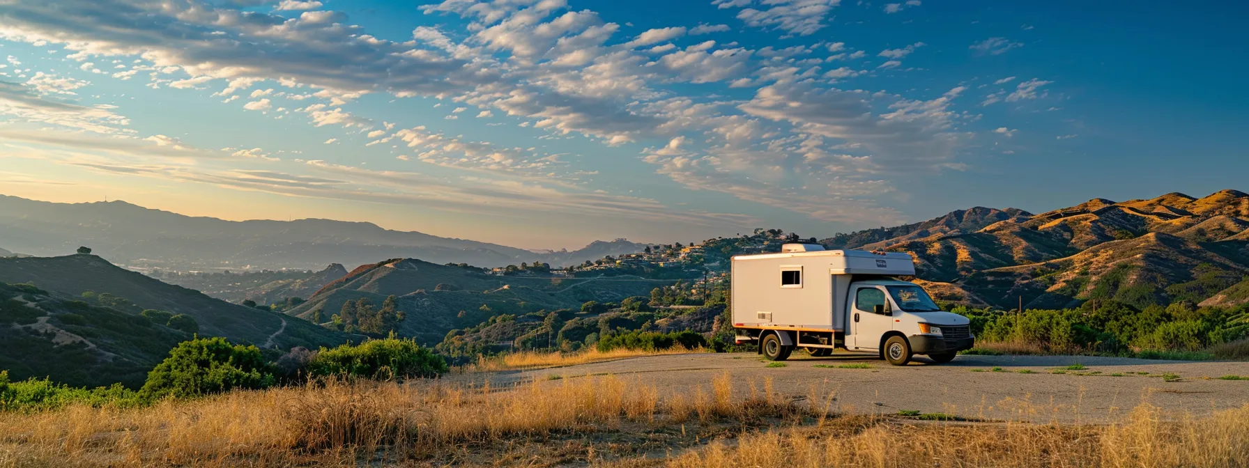 a small moving truck parked in front of a scenic orange county background, highlighting cost-saving strategies in transportation and logistics.