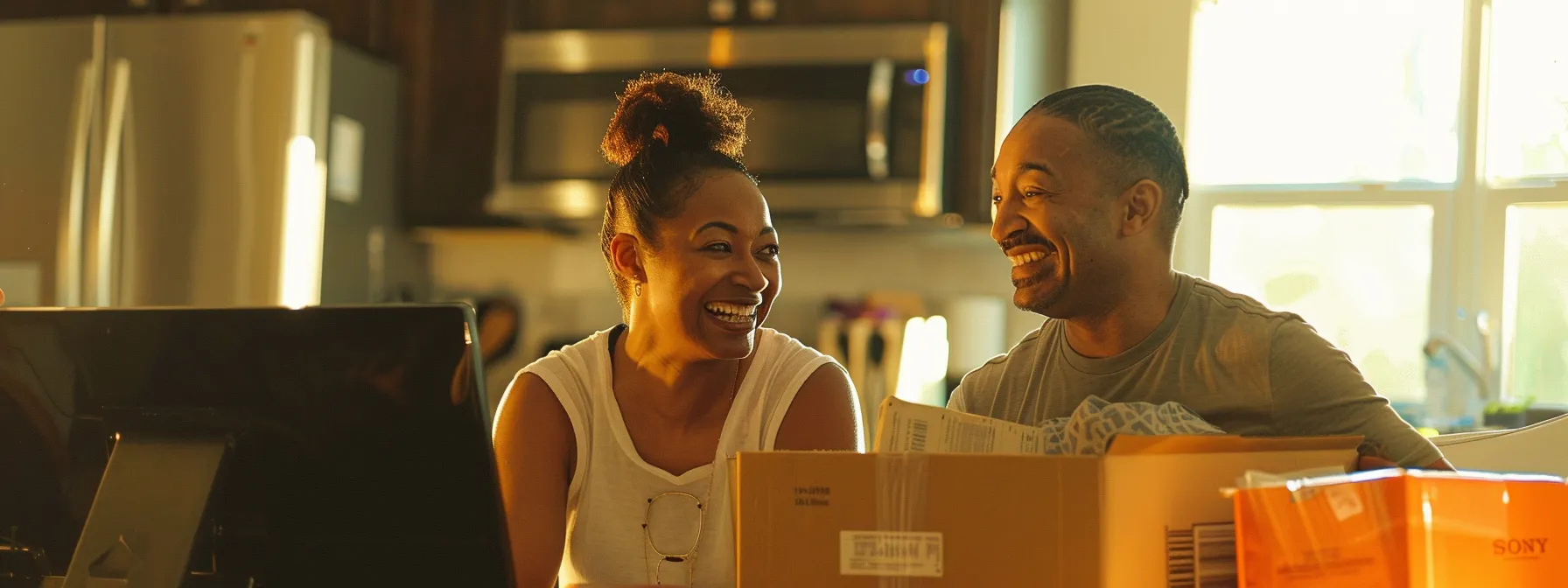 a smiling couple unpacking boxes in their new home after using a highly rated orange county moving service, surrounded by positive testimonials on a computer screen.
