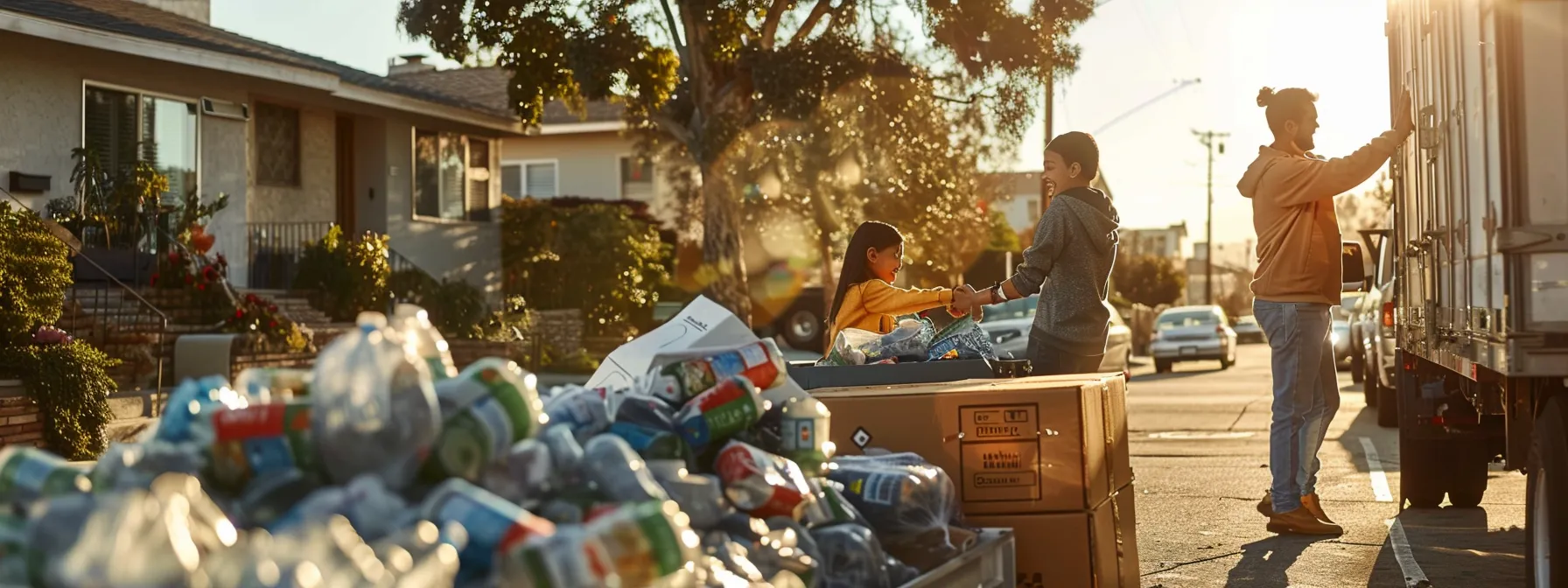 a smiling family unloading a moving truck filled with recyclable materials, surrounded by a vibrant los angeles community embracing eco-friendly practices.