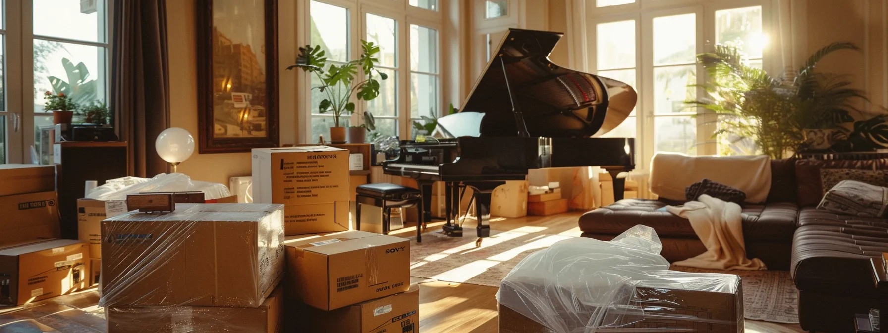 a spacious living room filled with carefully packed moving boxes, a grand piano being delicately wrapped in protective padding, and a bright calendar marked with moving dates and deadlines. a spacious living room filled with carefully packed moving boxes, a grand piano being delicately wrapped in protective padding, and a bright calendar marked with moving dates and deadlines.