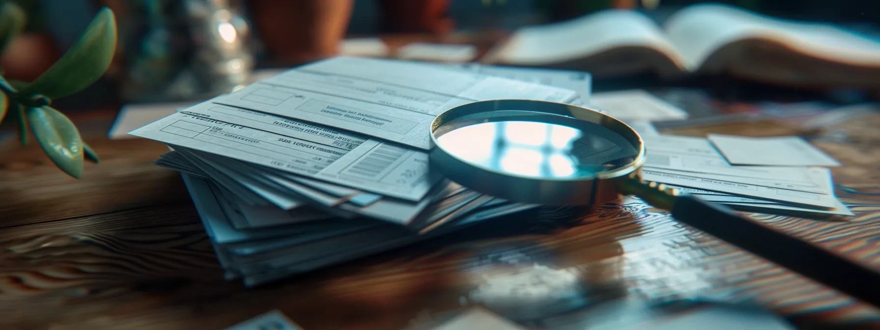 a stack of generic, inconsistent moving company review cards on a table, with a magnifying glass examining the details closely. a stack of generic, inconsistent moving company review cards on a table, with a magnifying glass examining the details closely.