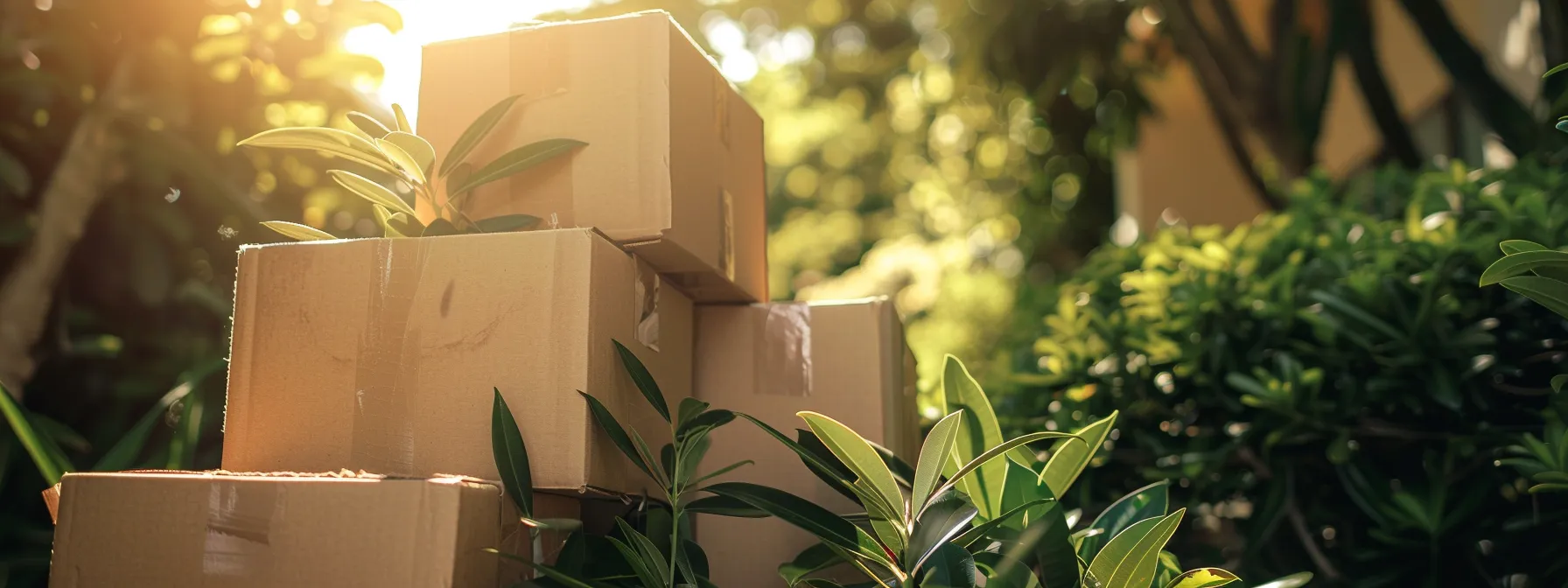 a stack of neatly packed, eco-friendly moving boxes surrounded by lush greenery under the california sun. a stack of neatly packed, eco-friendly moving boxes surrounded by lush greenery under the california sun.