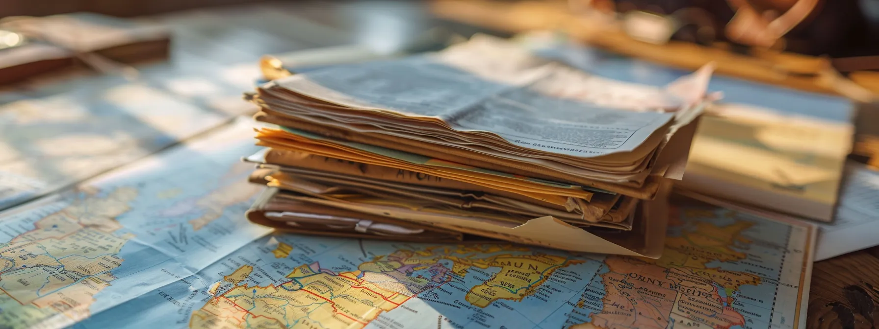 a stack of official documents, including insurance certificates and licensing credentials, neatly organized on a wooden table with a california map in the background. a stack of official documents, including insurance certificates and licensing credentials, neatly organized on a wooden table with a california map in the background.