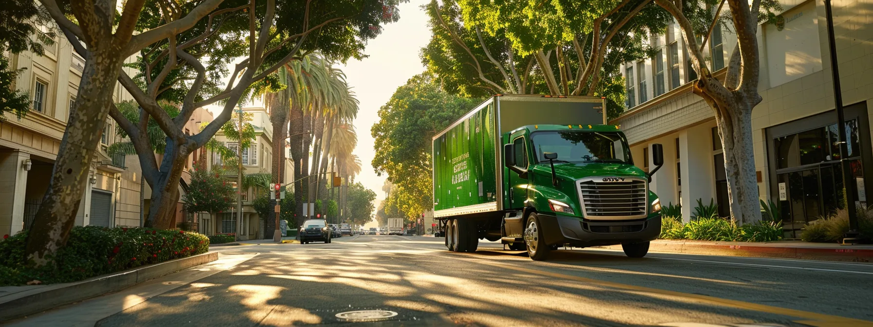 a sustainable moving truck with vibrant green branding drives through a tree-lined street in los angeles, showcasing its commitment to eco-friendly practices. a sustainable moving truck with vibrant green branding drives through a tree-lined street in los angeles, showcasing its commitment to eco-friendly practices.