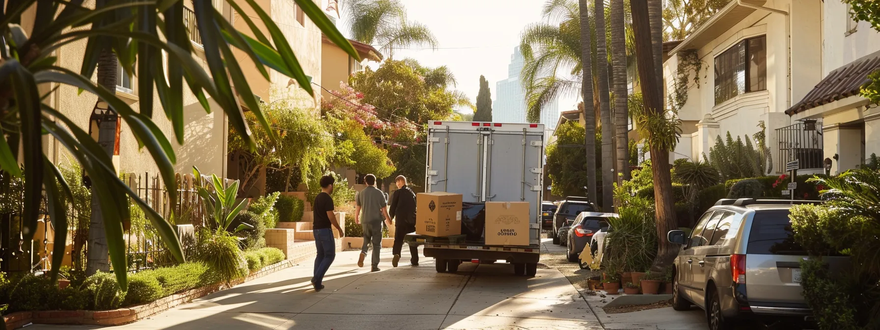 a team of eco-friendly movers carefully transporting furniture through a lush los angeles neighborhood.