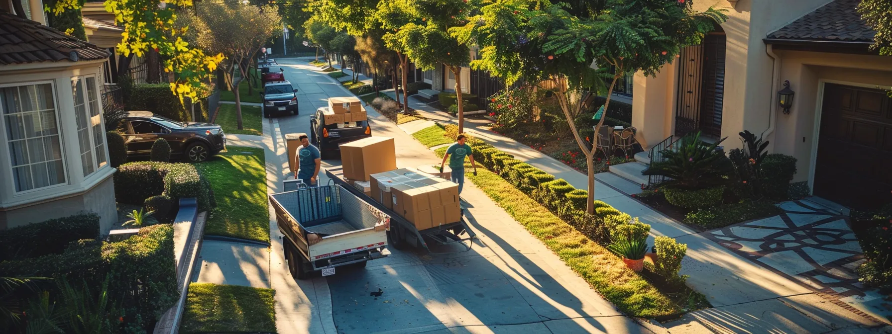 a team of eco-friendly movers carefully transporting furniture through a lush, green neighborhood in orange county.