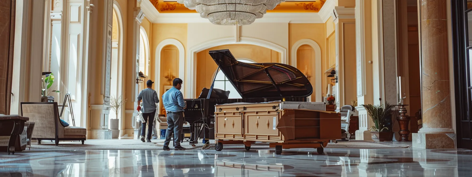 a team of expert movers carefully transporting a grand piano through a spacious, elegant living room in los angeles.