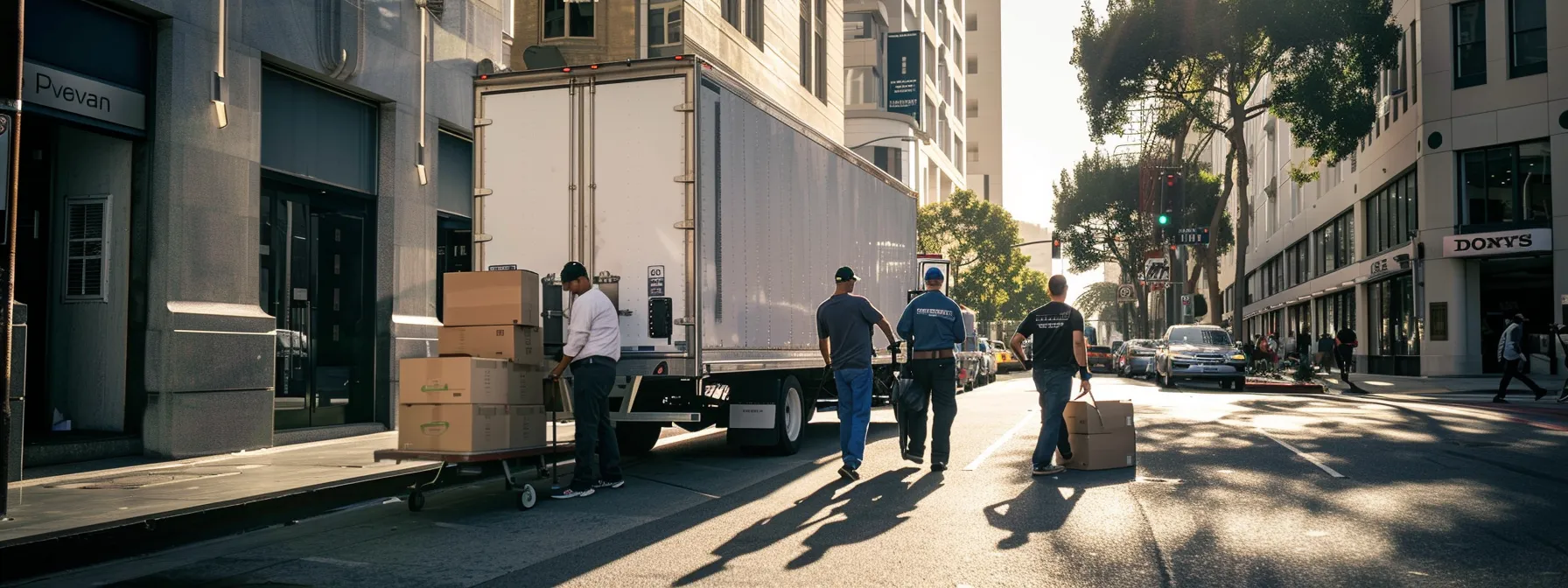 a team of licensed and certified movers carefully loading boxes onto a moving truck in downtown los angeles. a team of licensed and certified movers carefully loading boxes onto a moving truck in downtown los angeles.