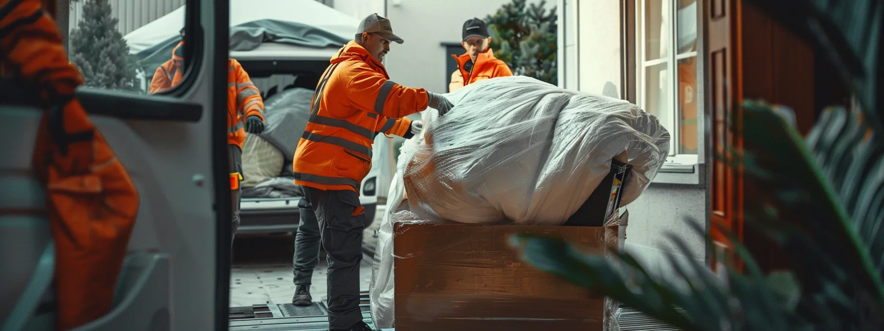 a team of movers carefully wrapping a luxurious sofa in protective blankets before loading it into a moving truck.