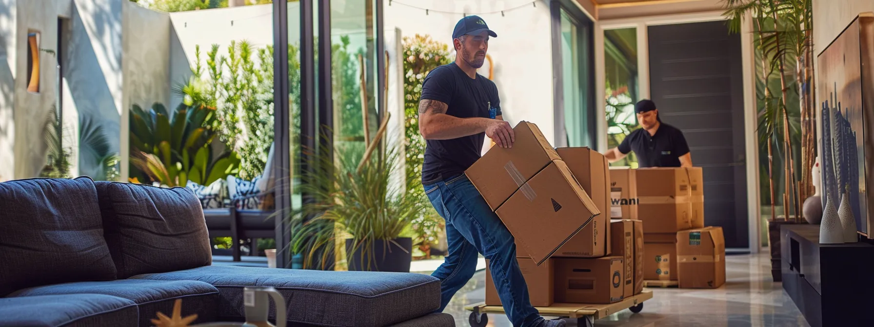 a team of professional movers carefully transport specialized furniture through a modern los angeles home.