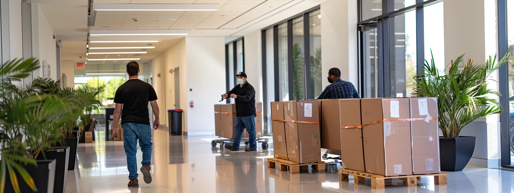 a team of professional business movers in orange county carefully transporting office equipment through a modern office space in irvine, ca. a team of professional business movers in orange county carefully transporting office equipment through a modern office space in irvine, ca.