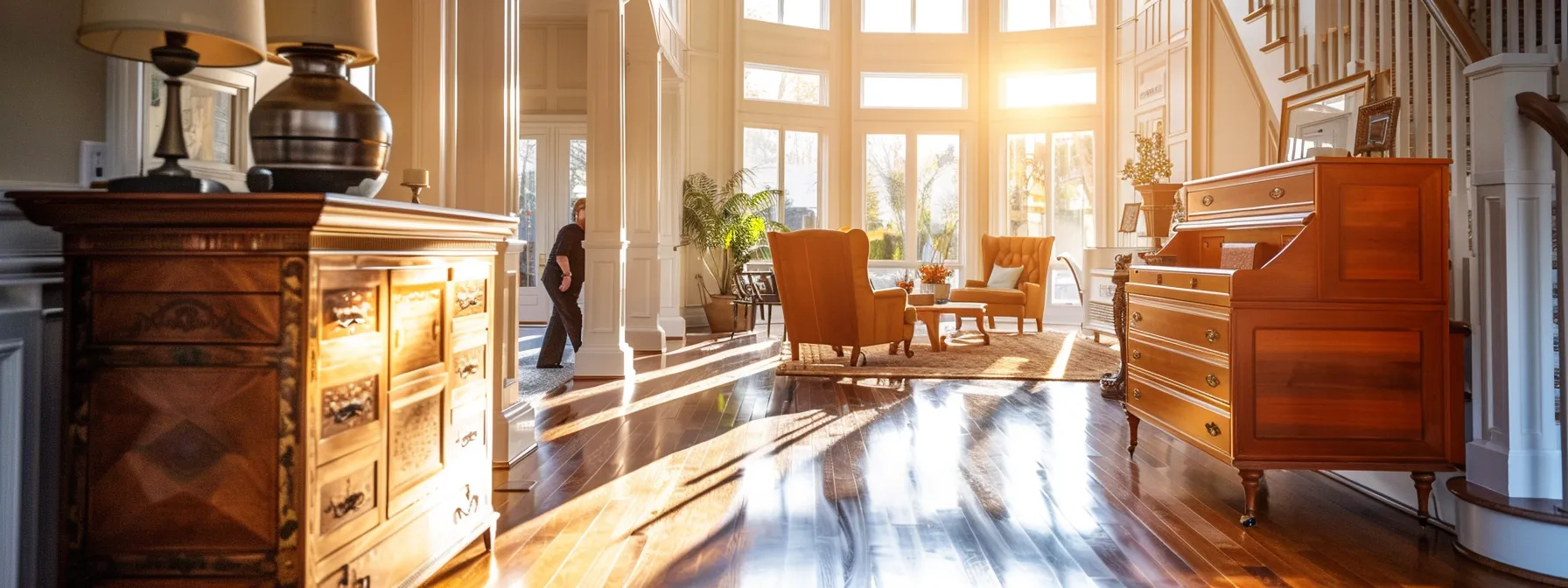 a team of professional movers carefully transporting antique furniture through a modern, spacious home, ensuring a stress-free and seamless move.