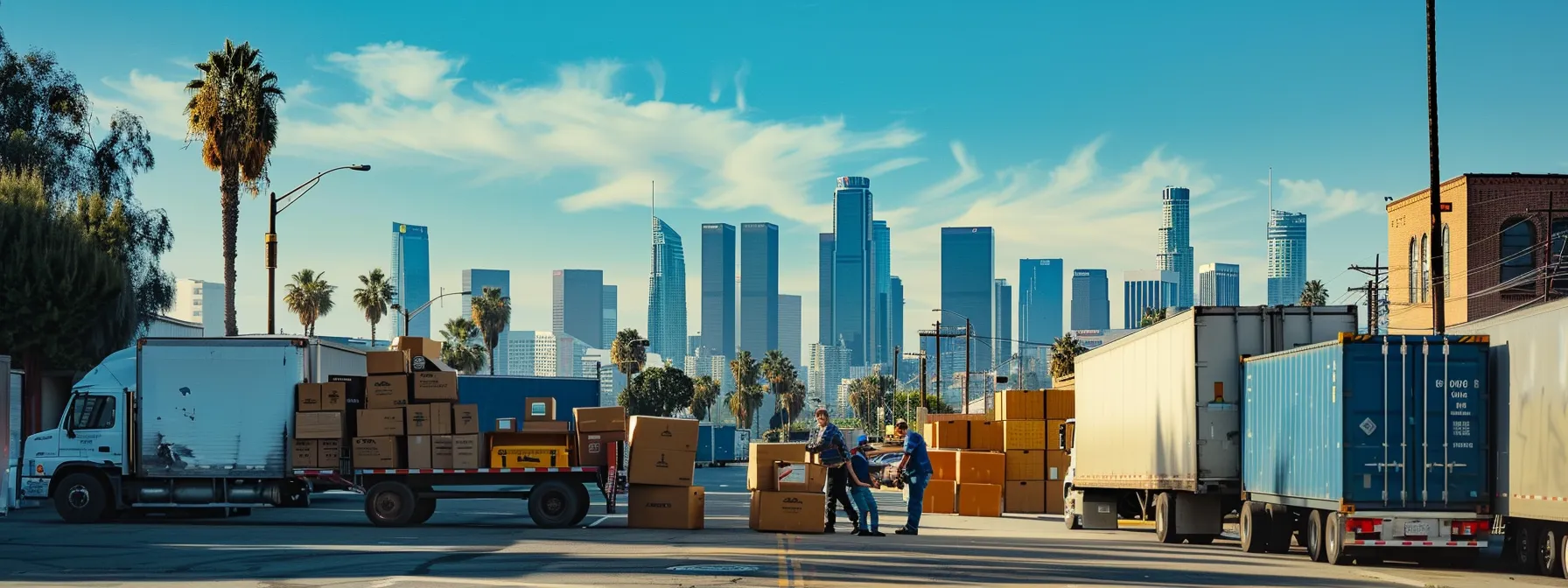 a team of professional movers carefully loading office furniture and boxes onto a large truck, with a vibrant los angeles skyline in the background.