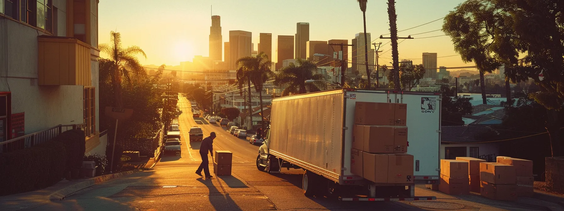a team of professional movers carefully packing boxes into a moving truck, surrounded by a bustling cityscape in los angeles.