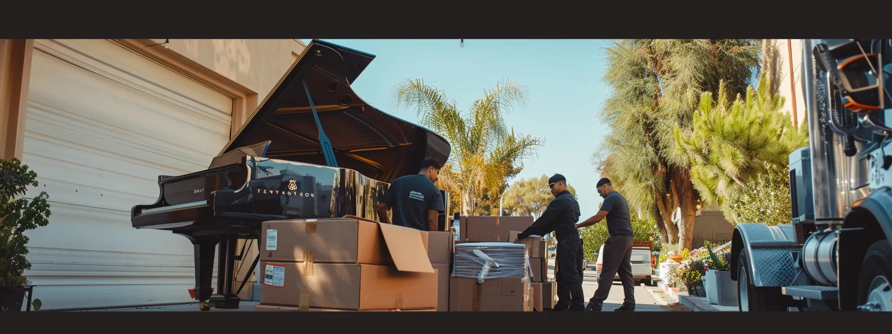 a team of professional movers carefully packing a grand piano into a moving truck in los angeles, ensuring a stress-free and efficient relocation process. a team of professional movers carefully packing a grand piano into a moving truck in los angeles, ensuring a stress-free and efficient relocation process.