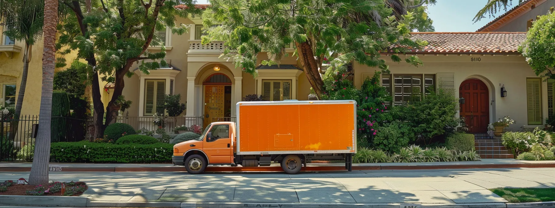 a vibrant moving truck parked in front of a quaint orange county home, ready to transport belongings for a seamless long-distance move. a vibrant moving truck parked in front of a quaint orange county home, ready to transport belongings for a seamless long-distance move.