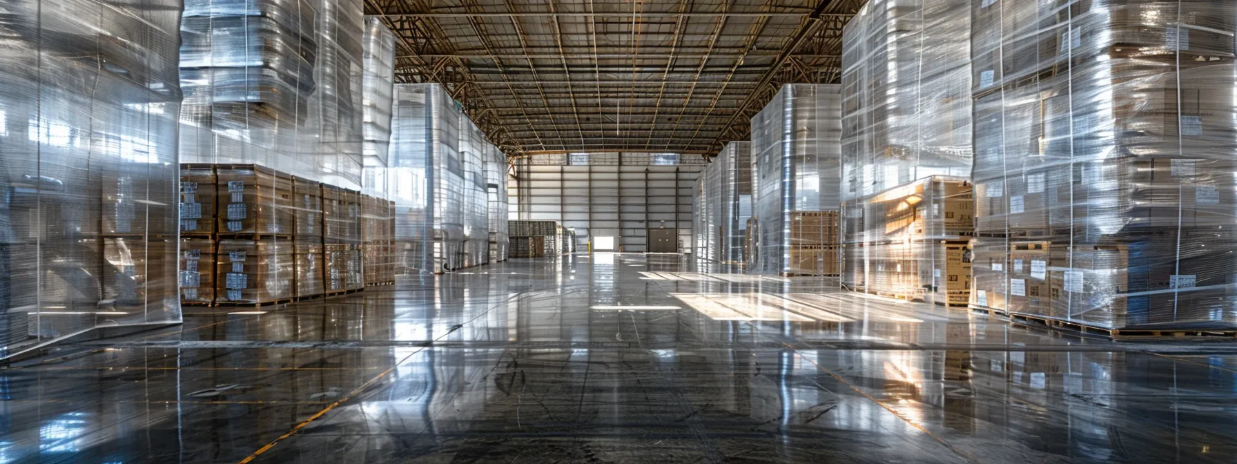 a warehouse in irvine, ca filled with neatly stacked pallets wrapped in cost-effective shrink wrap, showcasing efficient packaging strategies for orange county commerce.