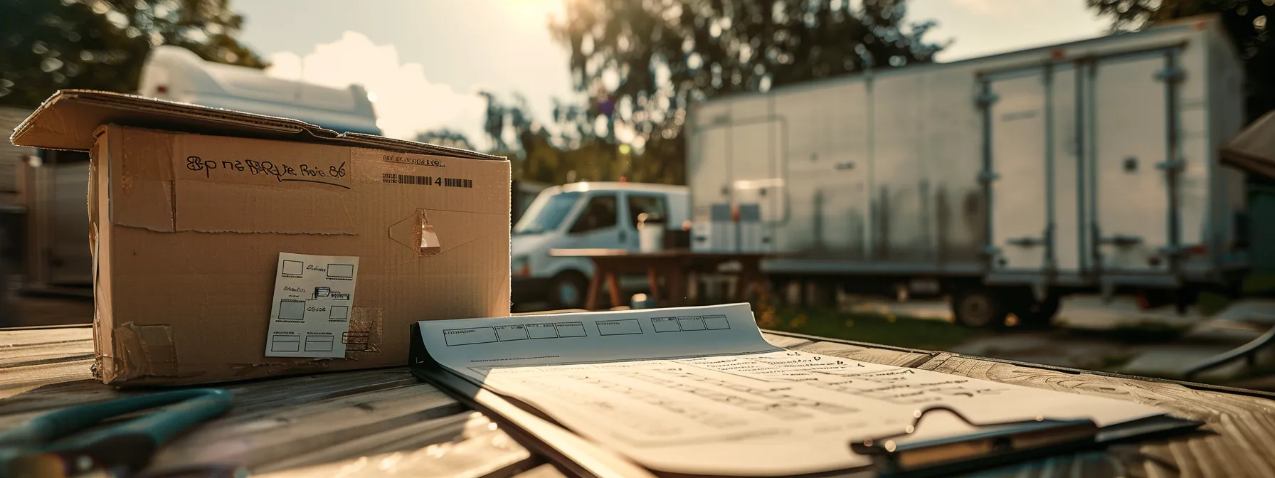 a well-organized inventory list with labeled boxes, packing materials, and a moving truck in the background, ensuring a safe and efficient move.