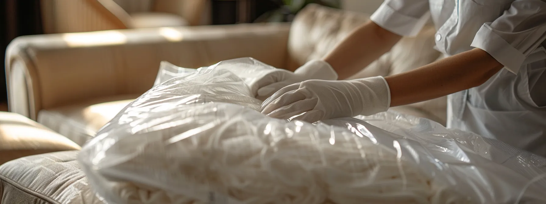 a white-gloved mover carefully wrapping a luxurious sofa for a seamless and elegant furniture move. a white-gloved mover carefully wrapping a luxurious sofa for a seamless and elegant furniture move.