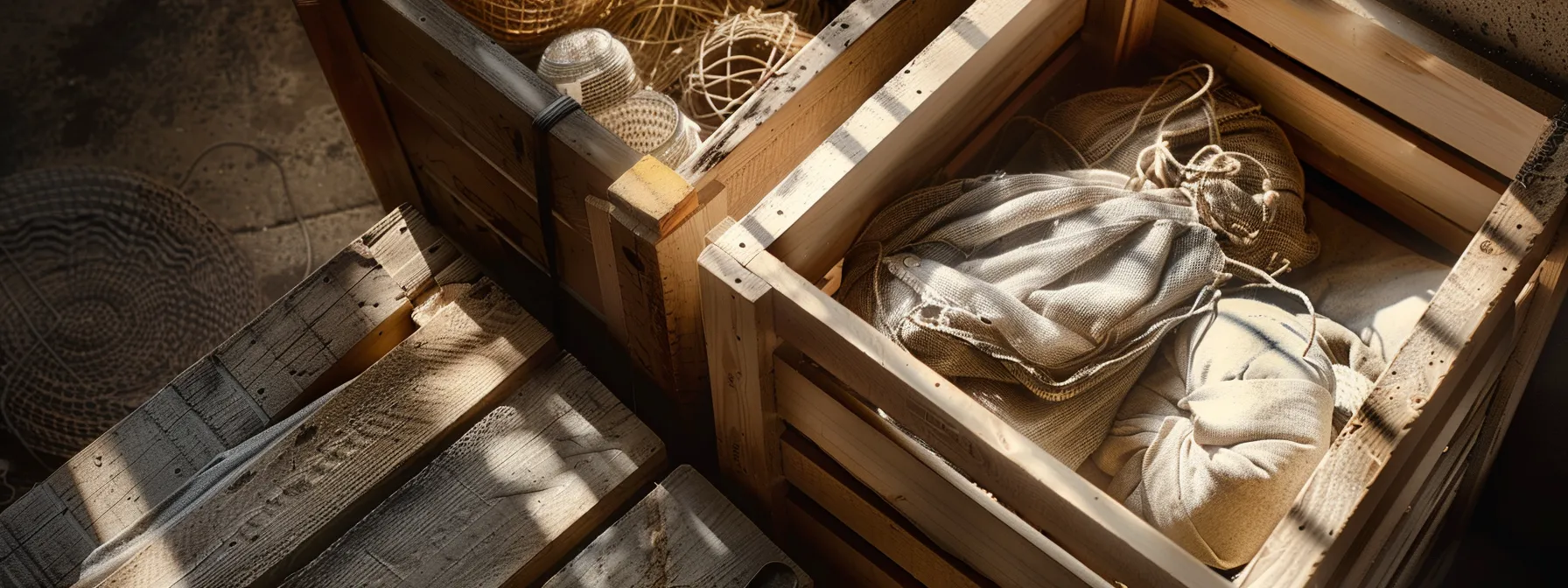 a wooden crate filled with delicate items carefully wrapped in custom packing materials, ensuring safe transportation during a move in los angeles.