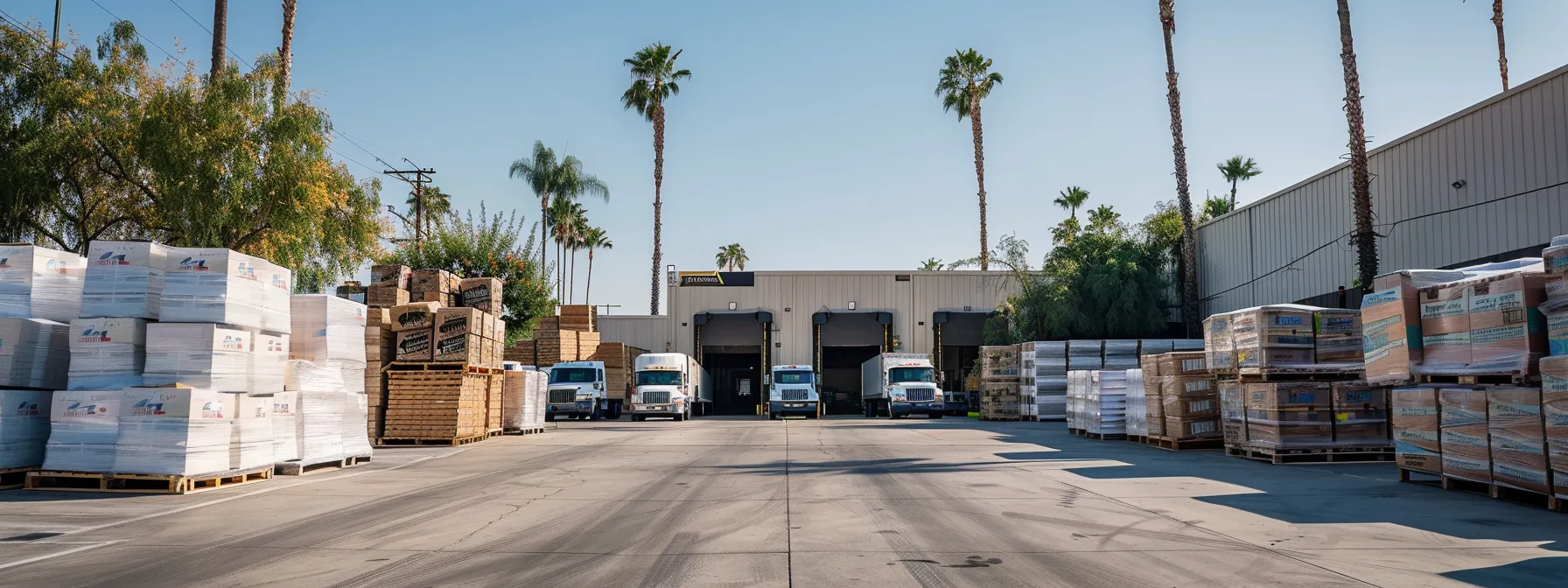 an eco-friendly moving company warehouse in orange county filled with stacks of reusable packing materials and fuel-efficient moving vehicles.