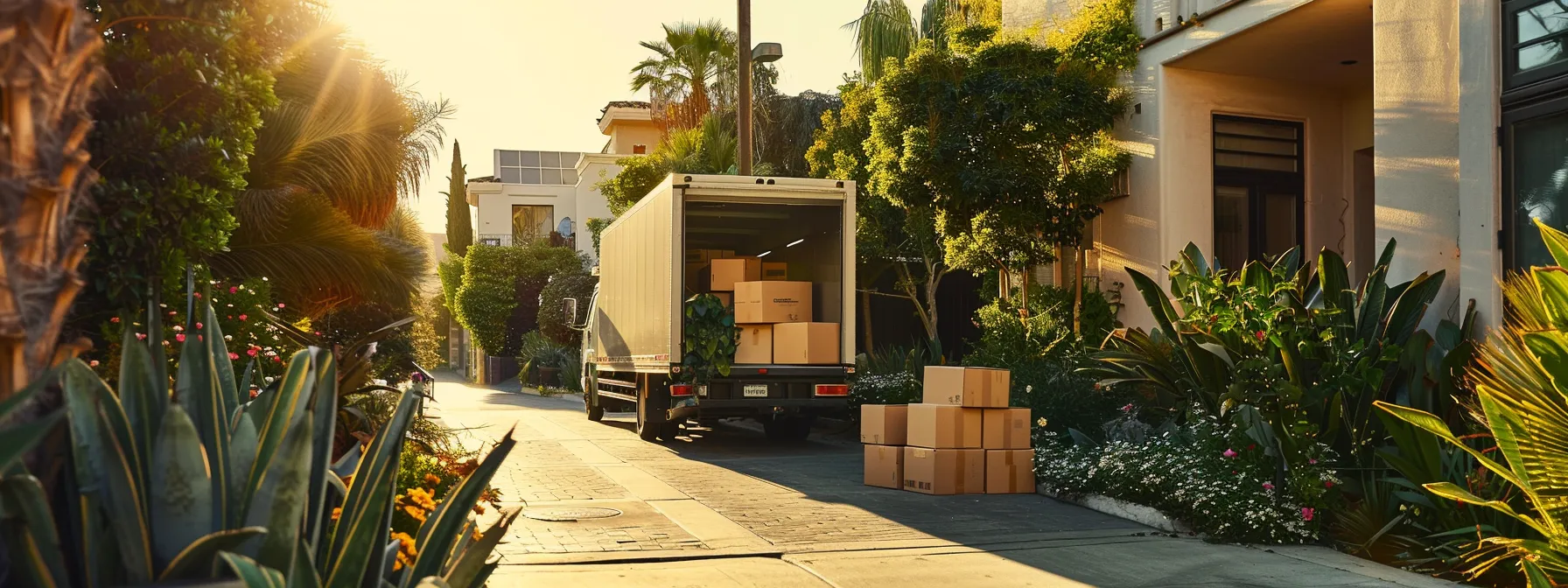 an eco-friendly moving company in la carefully loading energy-efficient cardboard boxes onto a hybrid moving truck, surrounded by lush greenery and solar panels. an eco-friendly moving company in la carefully loading energy-efficient cardboard boxes onto a hybrid moving truck, surrounded by lush greenery and solar panels.
