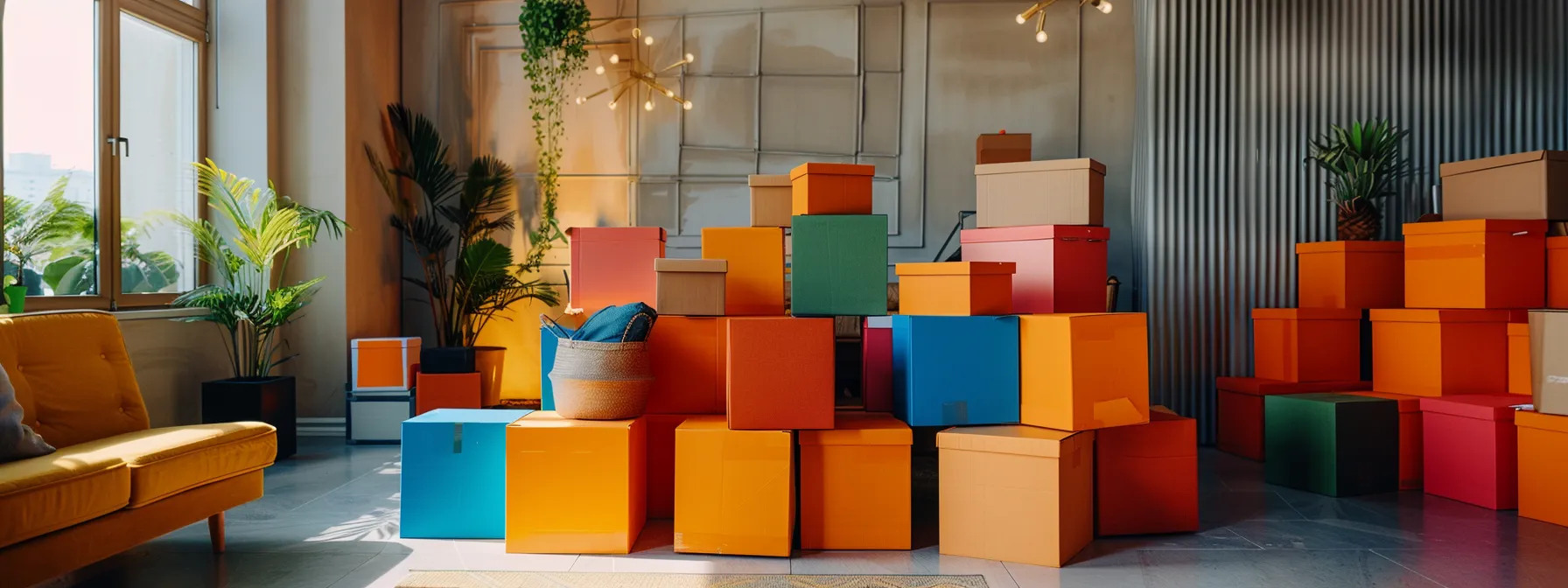 brightly colored moving boxes neatly stacked in a spacious living room, ready for custom packing professionals to efficiently organize and secure essential items before a smooth moving process.