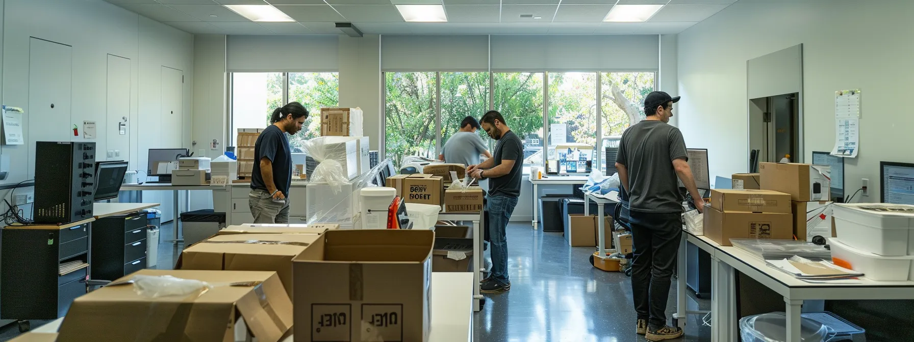 busy office space with employees packing boxes and discussing move logistics, preparing for a smooth transition in irvine, ca. busy office space with employees packing boxes and discussing move logistics, preparing for a smooth transition in irvine, ca.