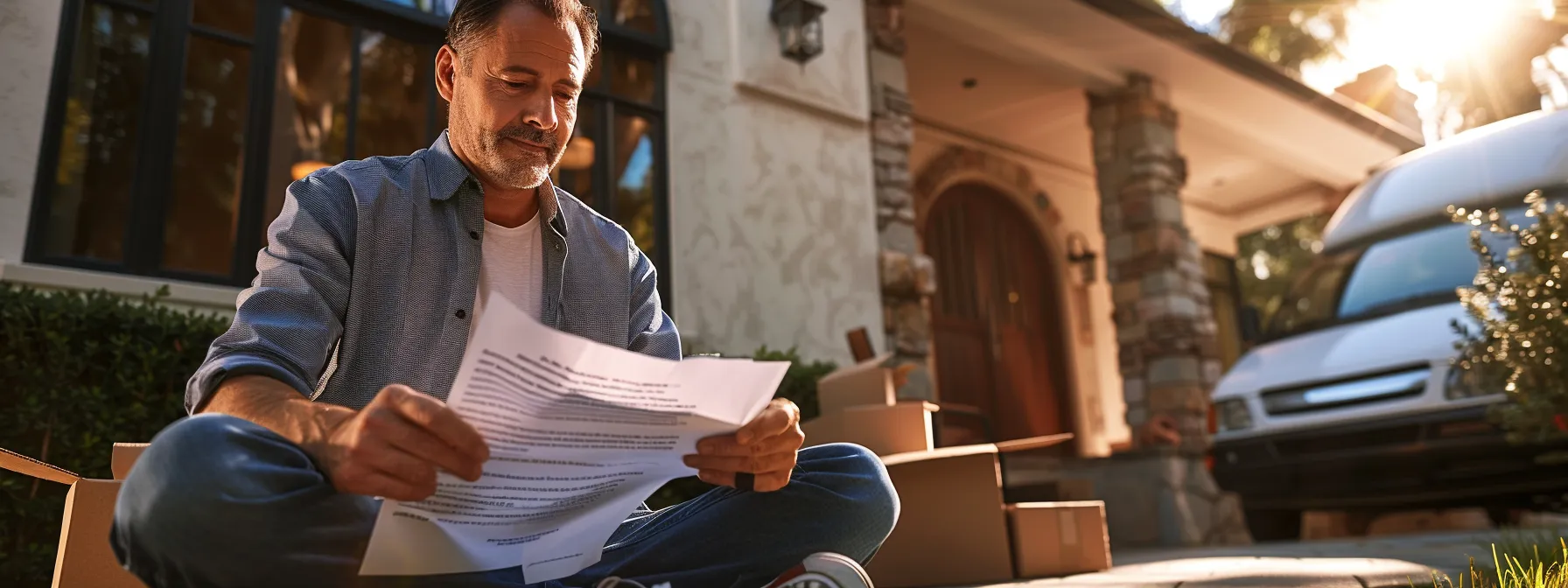 a confident homeowner carefully reviews a detailed moving contract under the bright california sunshine, surrounded by moving boxes and a moving truck, preparing for a successful relocation in irvine, ca (33.6839° n, 117.7947° w). a confident homeowner carefully reviews a detailed moving contract under the bright california sunshine, surrounded by moving boxes and a moving truck, preparing for a successful relocation in irvine, ca (33.6839° n, 117.7947° w).