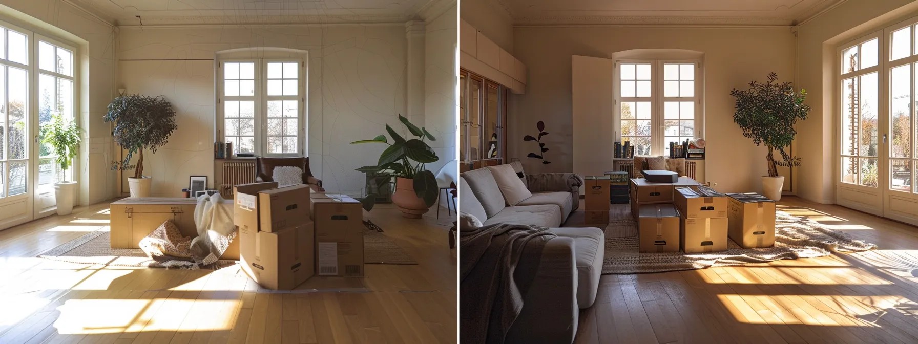 efficient movers carefully packing boxes in a bright, spacious living room, ensuring a stress-free and seamless moving experience.