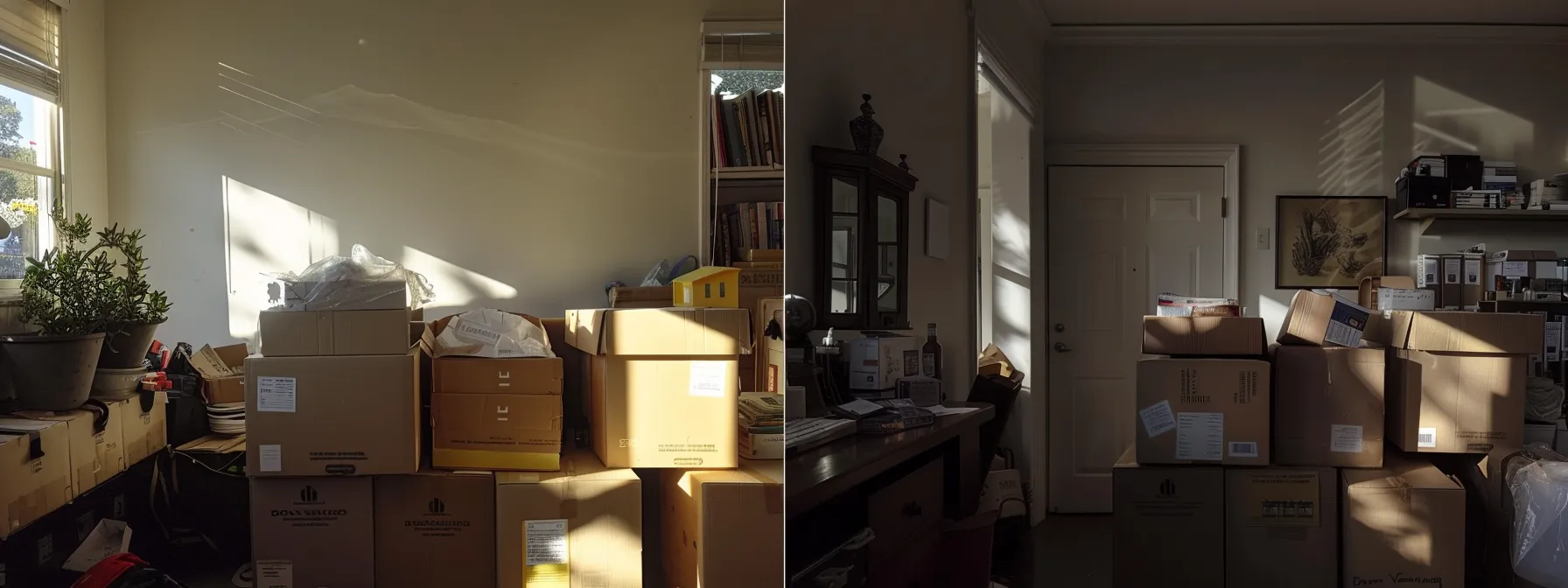 efficiently organized boxes labeled 'donate' and 'fragile' awaiting pick-up, ready for a stress-free move from los angeles to san francisco. efficiently organized boxes labeled 'donate' and 'fragile' awaiting pick-up, ready for a stress-free move from los angeles to san francisco.