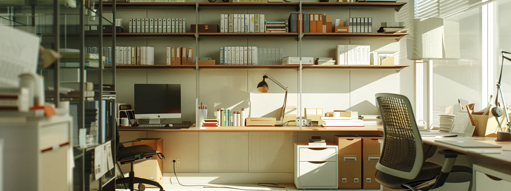 efficiently organizing office essentials in a modern los angeles workspace, with sleek furniture and high-tech equipment for a seamless transition.