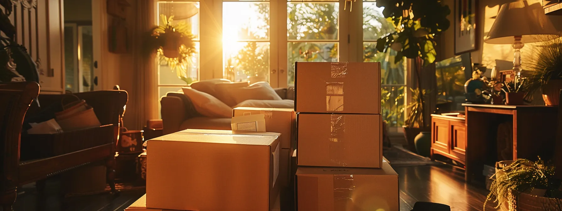 efficiently packed boxes labeled with essentials stacked neatly in a sunny los angeles living room, ready for a same-day move.