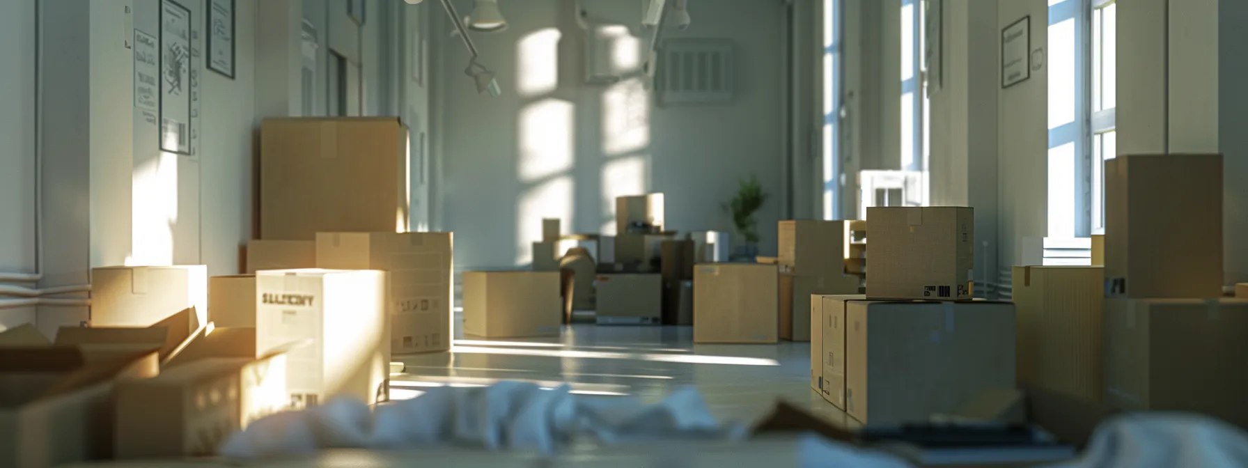 efficiently packed boxes lined up neatly in a bright room, ready for a smooth moving day.
