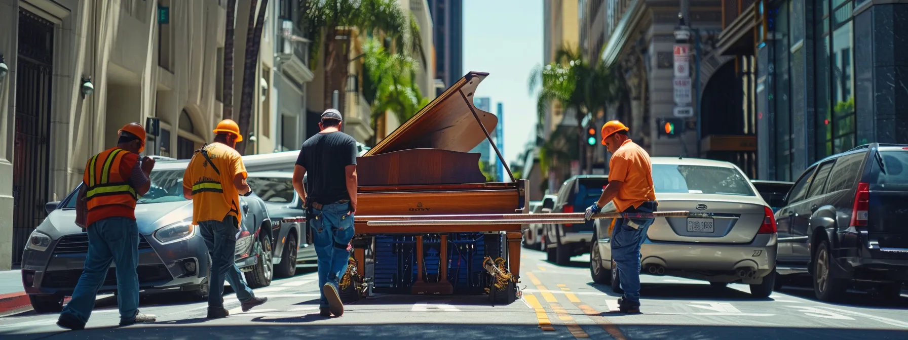 expert furniture movers carefully maneuvering a large, delicate piano through a narrow city street in los angeles.