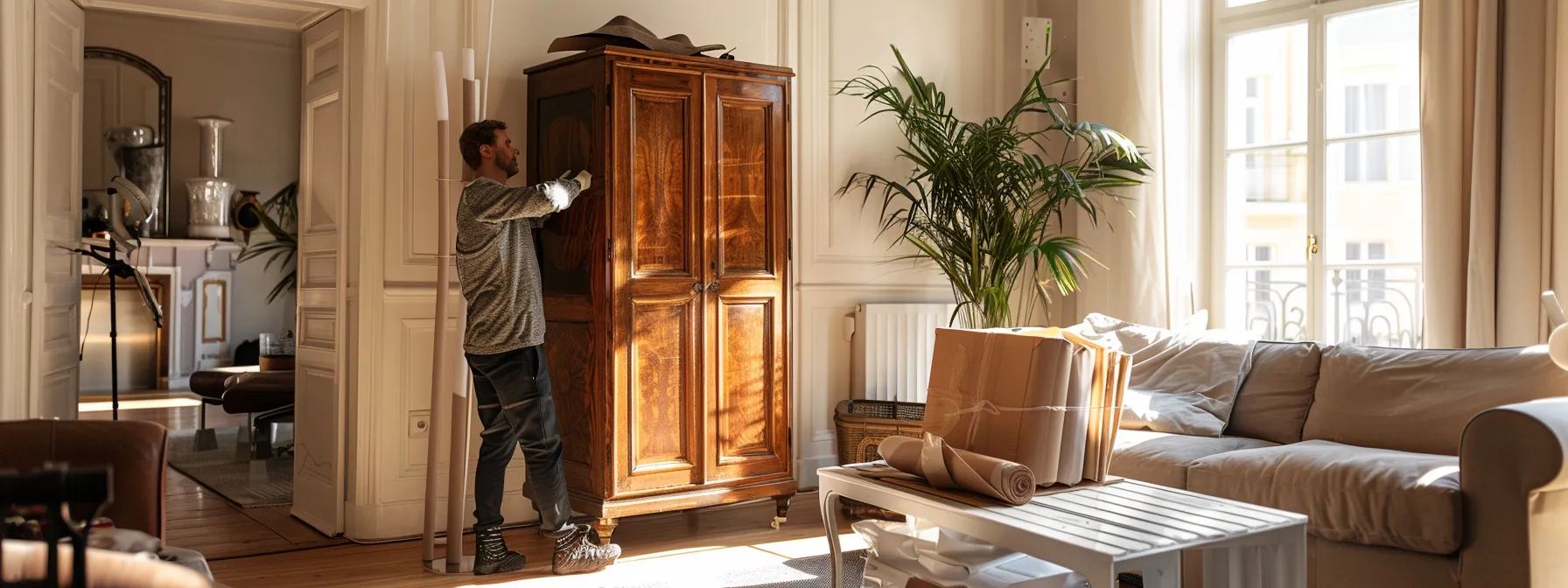 expert movers carefully wrapping and securing a delicate antique cabinet in a modern, spacious living room.