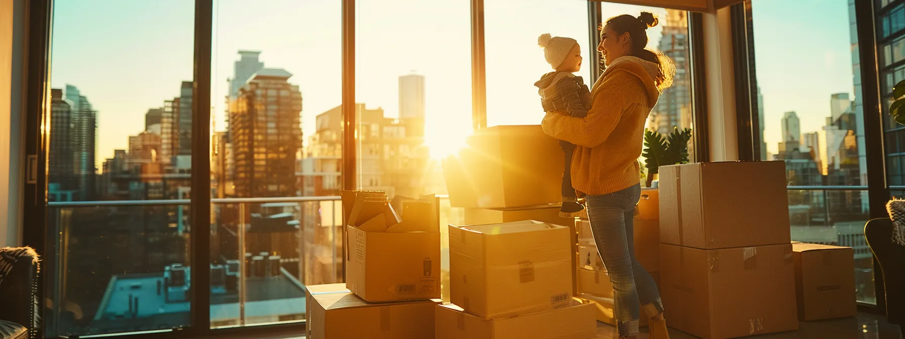 families packing eco-friendly moving boxes with reusable supplies against a backdrop of a bustling city skyline. families packing eco-friendly moving boxes with reusable supplies against a backdrop of a bustling city skyline.
