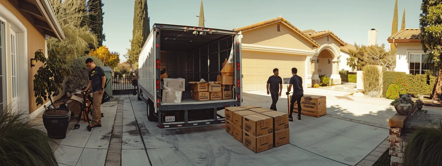 a group of movers carefully loading boxes into a truck, showcasing professionalism and efficiency, in irvine, ca (33.6846° n, 117.8265° w). a group of movers carefully loading boxes into a truck, showcasing professionalism and efficiency, in irvine, ca (33.6846° n, 117.8265° w).