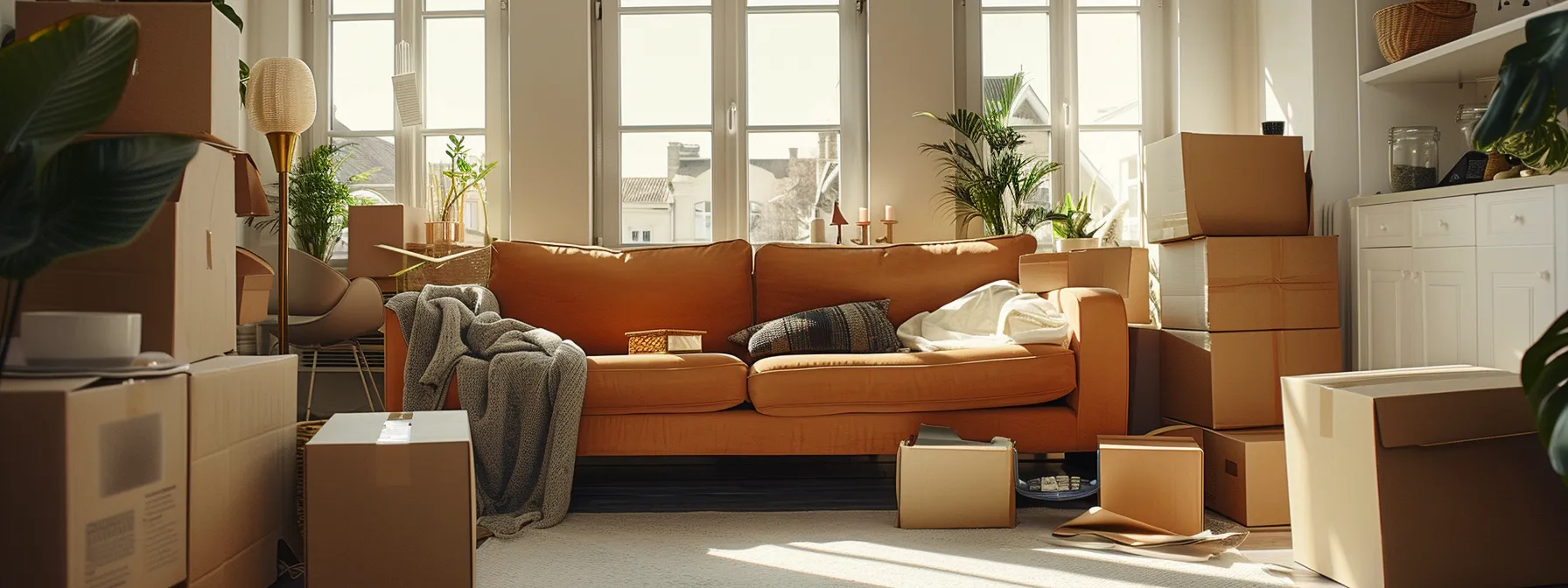 inspecting a sleek, modern sofa for damages while surrounded by neatly organized moving boxes in a bright, spacious living room. inspecting a sleek, modern sofa for damages while surrounded by neatly organized moving boxes in a bright, spacious living room.