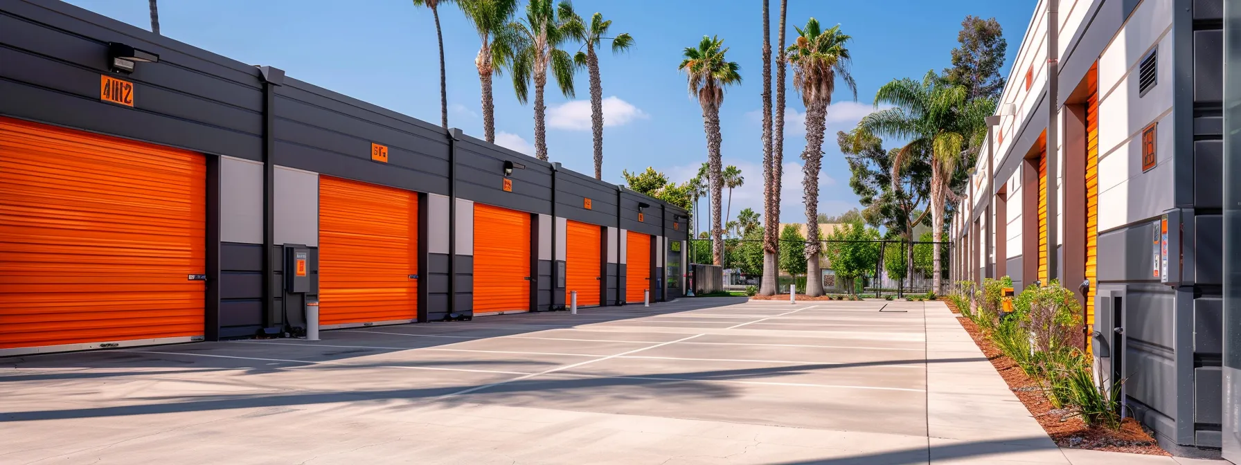 a modern and secure short-term storage facility in orange county, with bright orange doors and high-tech security cameras, set against a backdrop of palm trees under the sunny sky in irvine, ca (33.6846° n, 117.8265° w). a modern and secure short-term storage facility in orange county, with bright orange doors and high-tech security cameras, set against a backdrop of palm trees under the sunny sky in irvine, ca (33.6846° n, 117.8265° w).