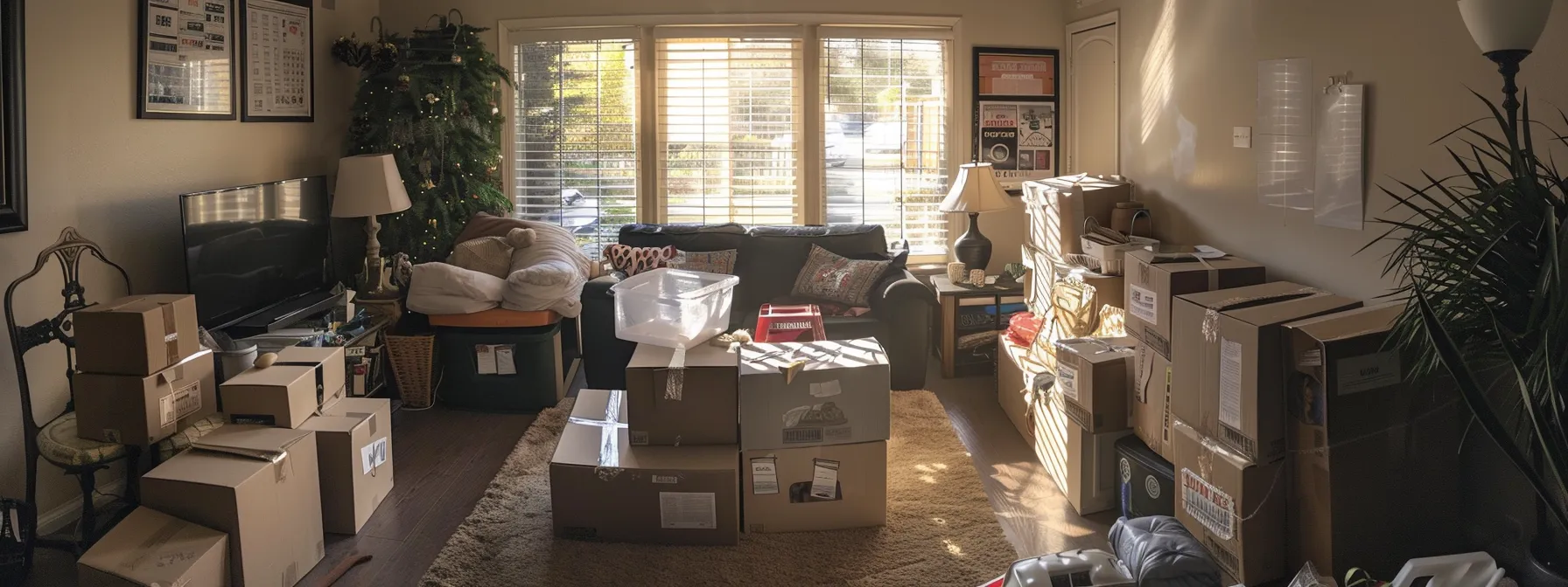 a neatly organized living room filled with labeled boxes and packing supplies in irvine, ca (33.6846° n, 117.8265° w). a neatly organized living room filled with labeled boxes and packing supplies in irvine, ca (33.6846° n, 117.8265° w).