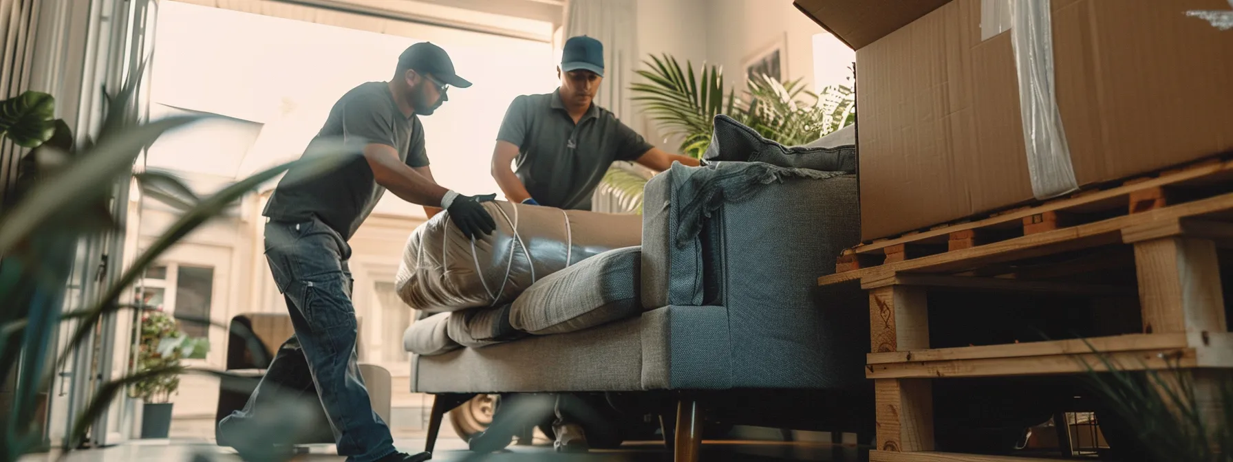 professional furniture movers carefully wrapping and loading a sleek modern sofa into a moving truck, showcasing expertise and attention to detail.