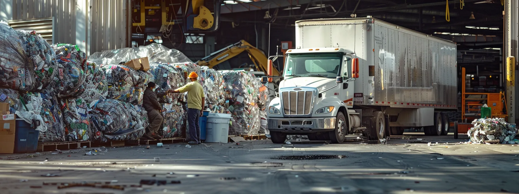 professional movers carefully wrapping belongings in recycled materials, loading them into a fuel-efficient truck, with a backdrop of a local recycling center in los angeles.