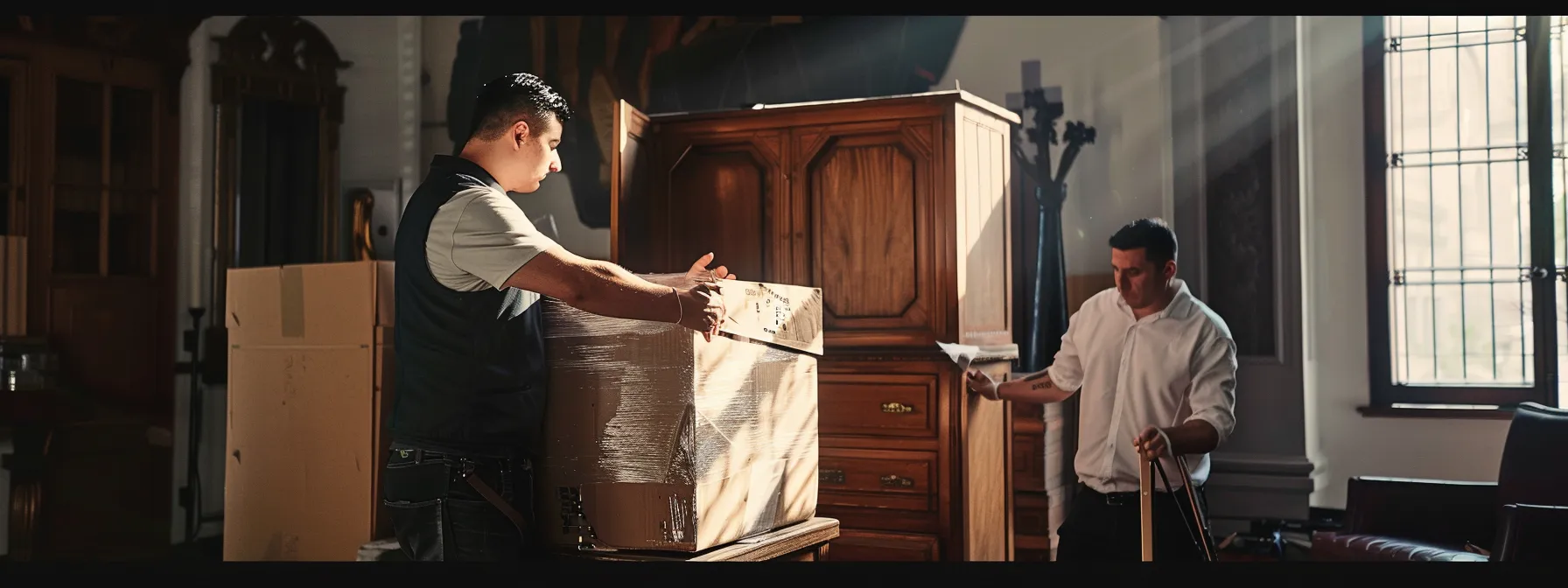 professional movers carefully wrapping and securing a fragile antique cabinet for transport in los angeles.