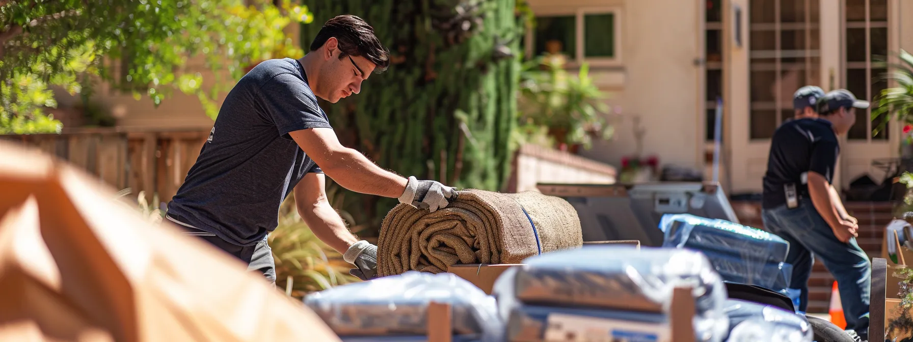 professional movers carefully wrapping and packing furniture with specialized equipment for safe transport on a sunny day in the san fernando valley.
